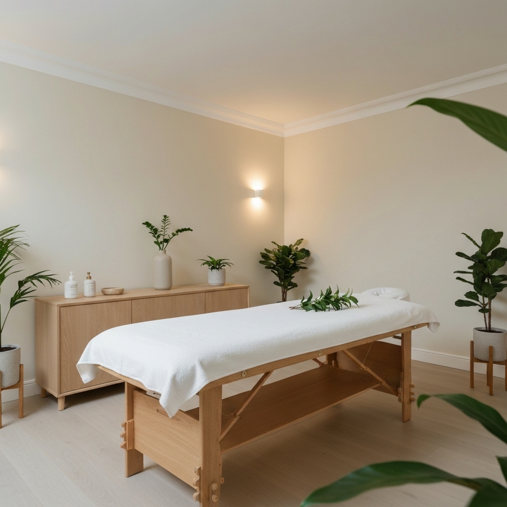 A welcoming and serene osteopathic consultation room with warm lighting, anatomical charts discreetly placed, and a sense of calm, representing Julien Delhumeau's office atmosphere.