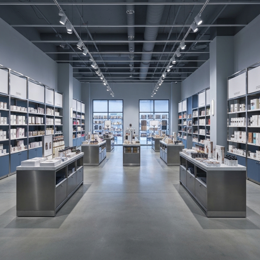Modern retail store interior with warm lighting and customer engaging with product display