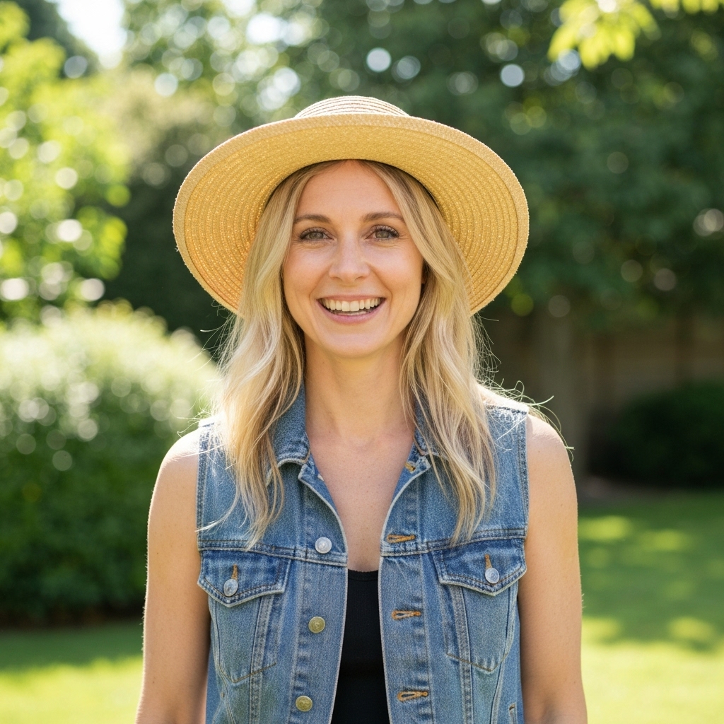Femme souriante portant un chapeau et une veste en jean vintage