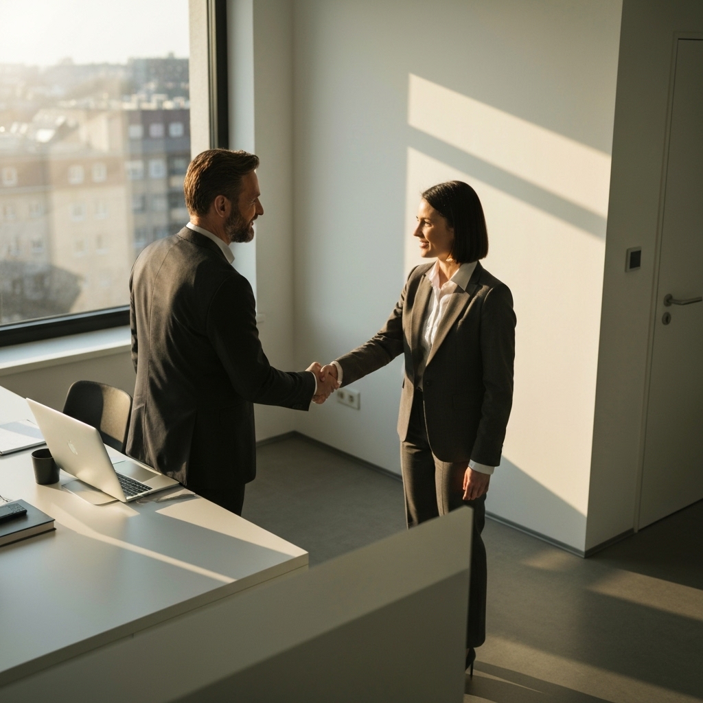 Professional handshake between a business owner and a financial advisor in a modern office in Switzerland, with mountains visible through the window
