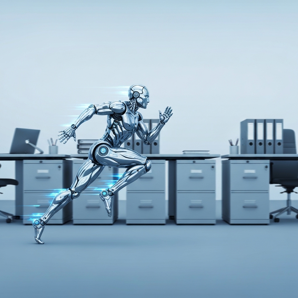 A futuristic robot runner sprinting past traditional business obstacles, symbolizing speed and efficiency in SEO.
