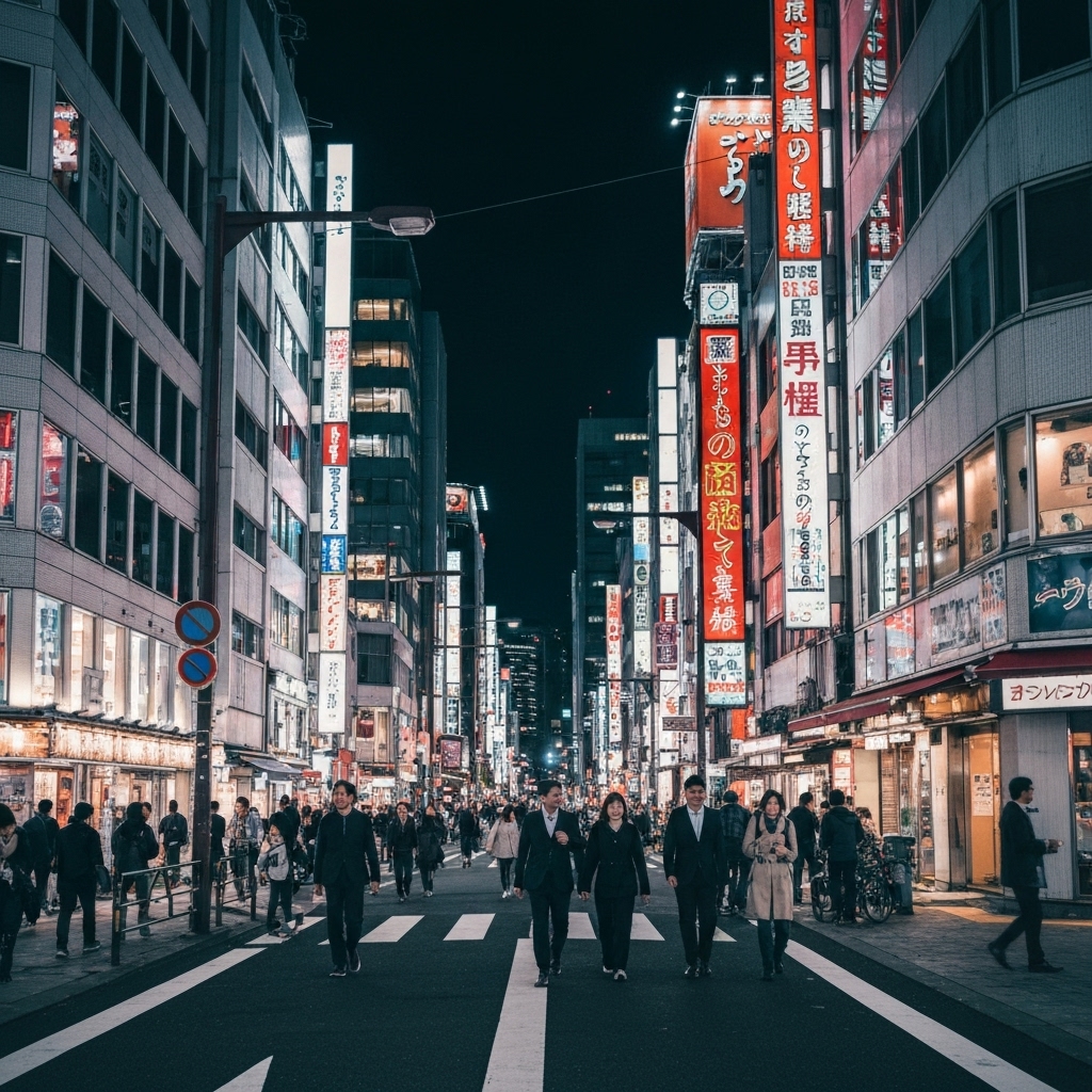 A vibrant, busy street in Tokyo at night with neon lights and people walking, cinematic style