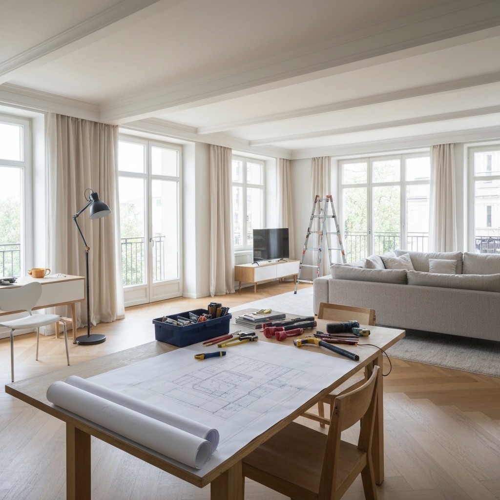 A modern, bright living room renovation in progress with tools neatly arranged and a blueprint on a table, showcasing the potential of a swiss home interior.