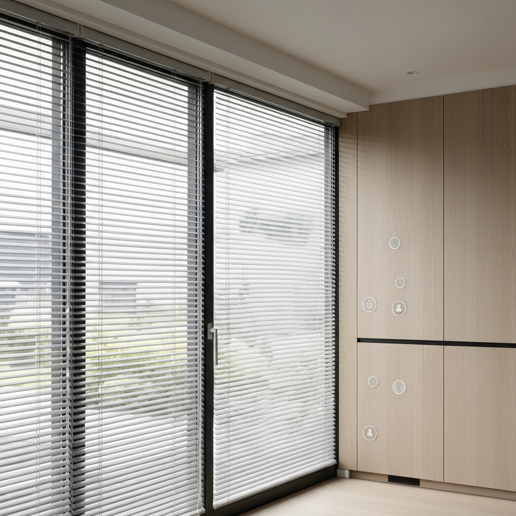 Diagramme montrant une maison connectée avec des icônes de sécurité et de simulation de présence via les stores