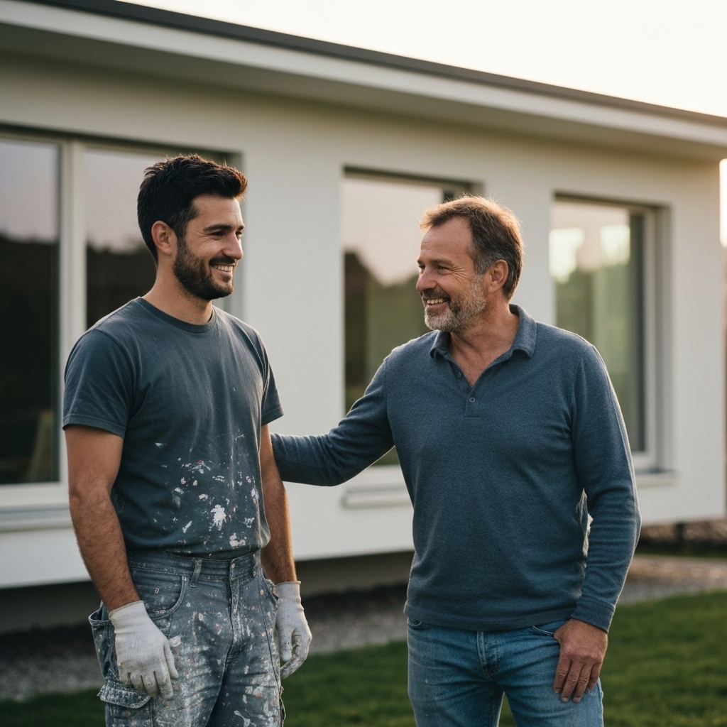 Friendly handshake between a painter contractor and a homeowner in front of a house in Switzerland