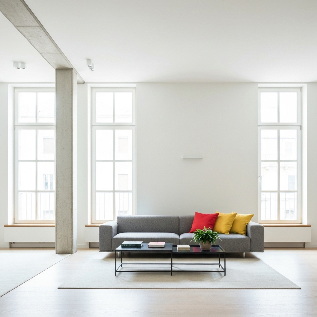 Professional painter applying white paint on a modern living room wall with precision tools in Geneva apartment context