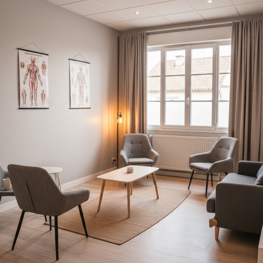 A welcoming and professional therapy room interior in Vertou with natural light and anatomical charts on the wall, inviting atmosphere
