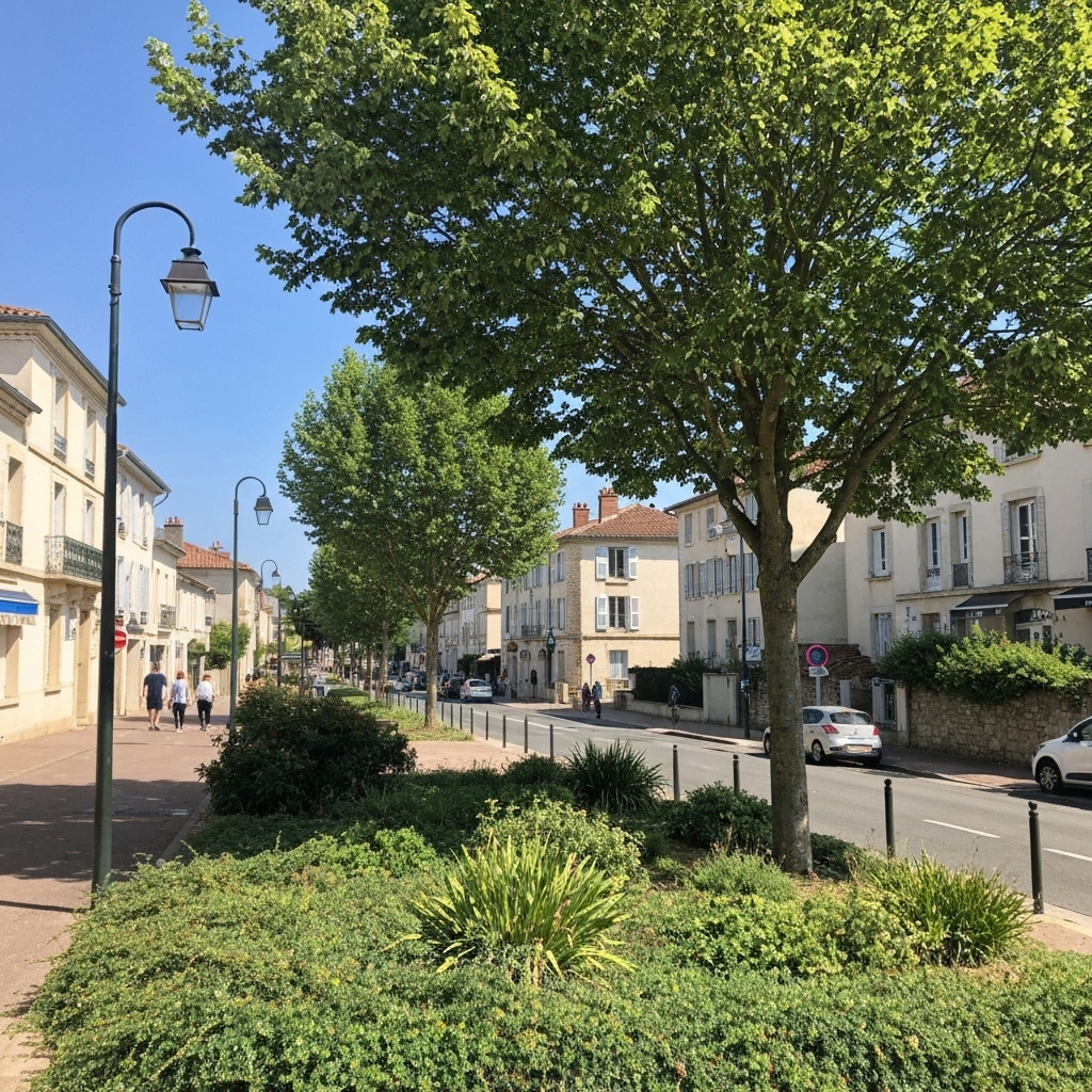 A peaceful green street view in Vertou near Viviers bus stop, representing the easy access to the clinic
