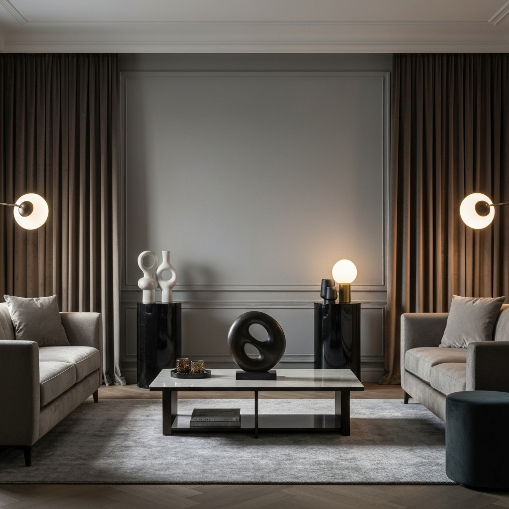 Luxurious modern living room with iconic design objects, sculptural lighting, and velvet textures in a Swiss apartment setting