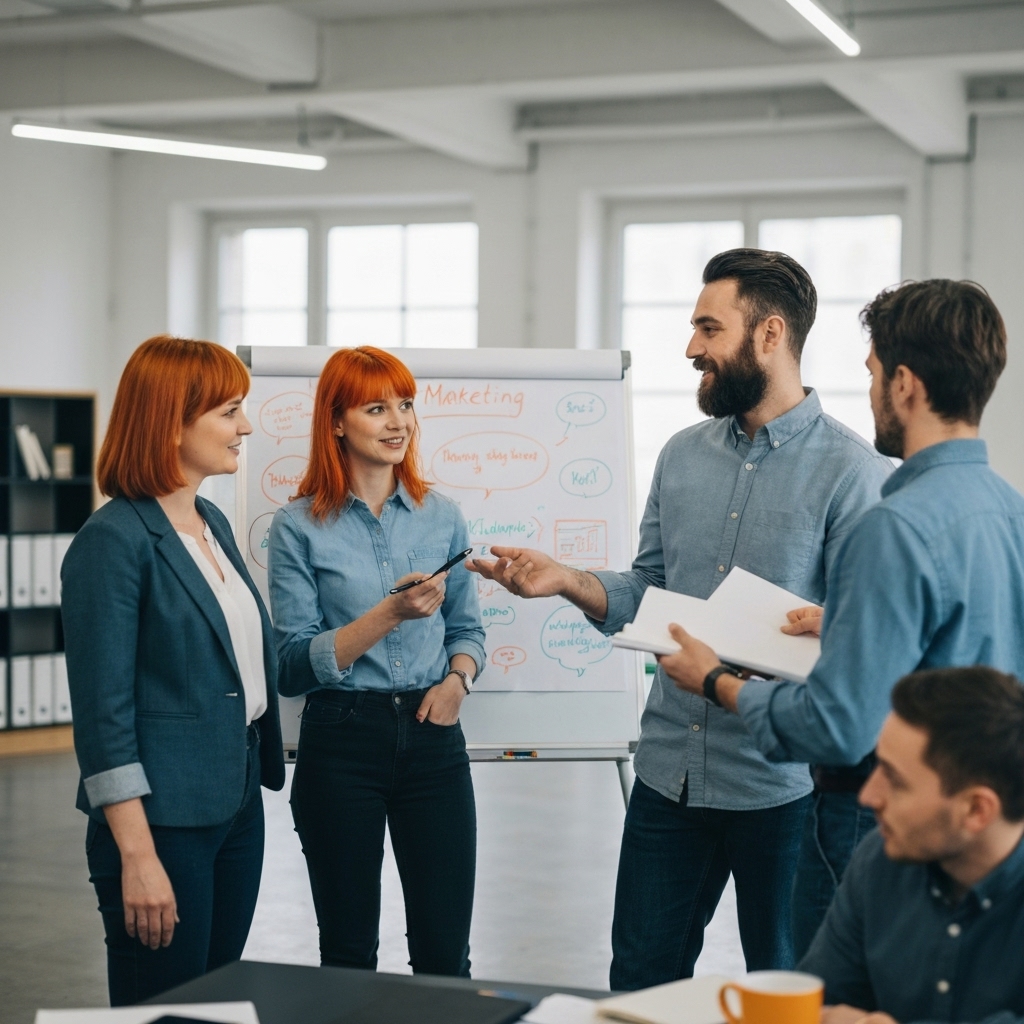 Equipe créative en réunion brainstorming devant un tableau blanc avec des stratégies marketing