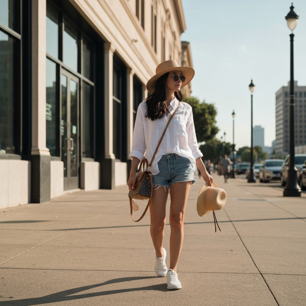 Real photo of a woman wearing californian style fashion walking on a sunny street