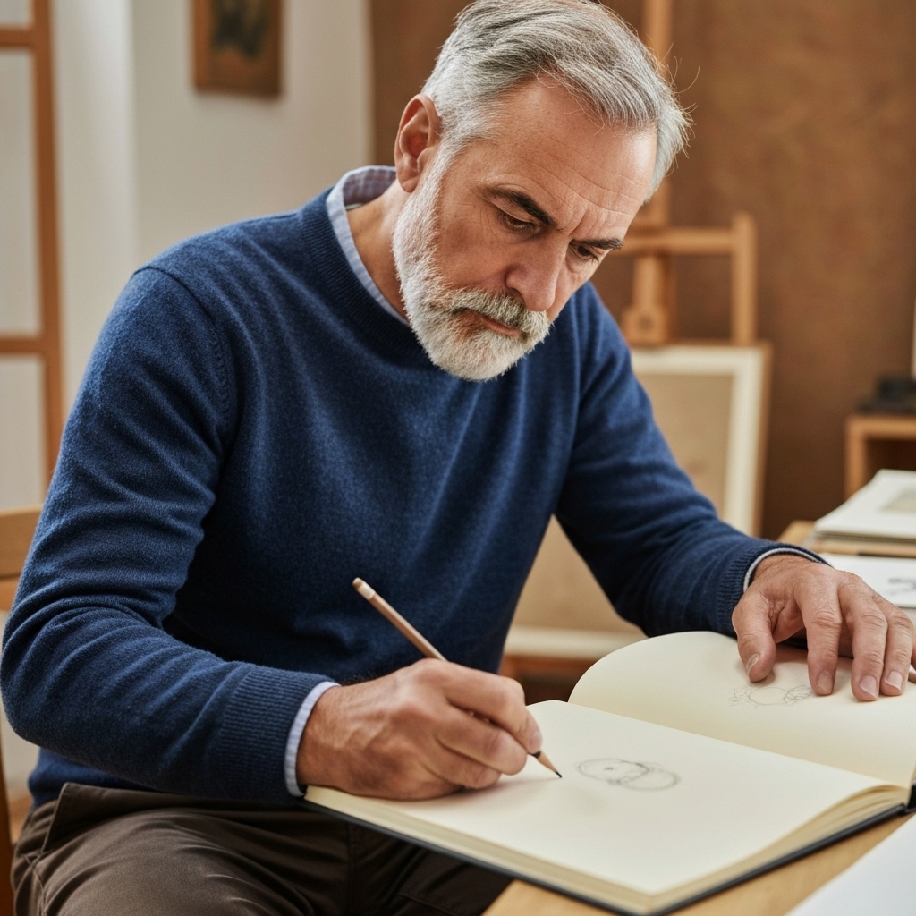 Artist sketching on a tablet while looking at a laptop screen with a website builder interface