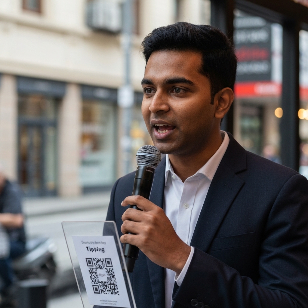A realistic close-up photo of a street musician playing an acoustic guitar with a sign displaying a QR code for tips attached to the microphone stand, blurred city crowd in background