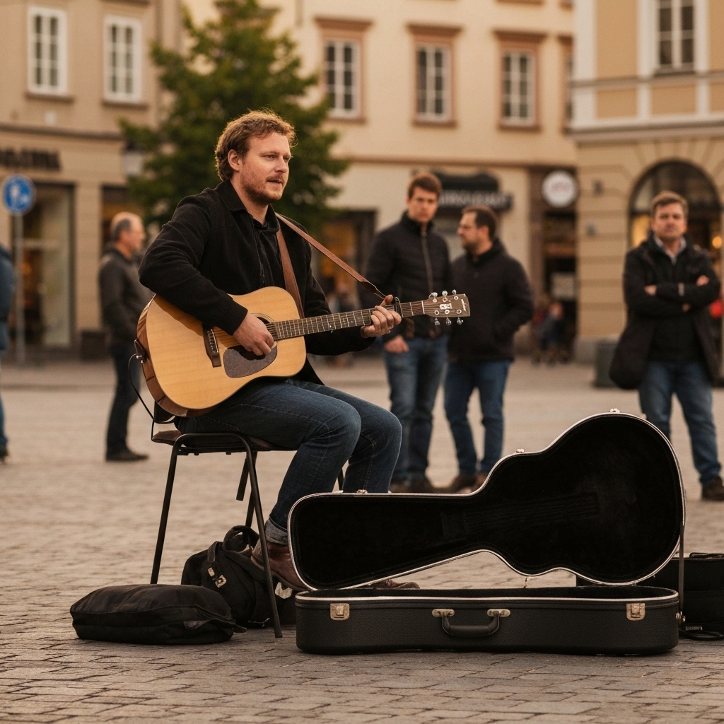 A street musician performing with a guitar case open in a busy city square, capturing the attention of passersby