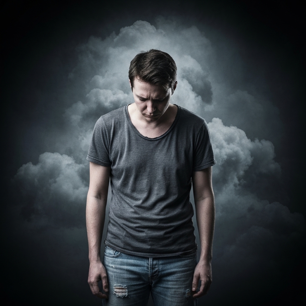 A person sitting on a bed looking exhausted and shadowed by dark energetic clouds representing spiritual blockage