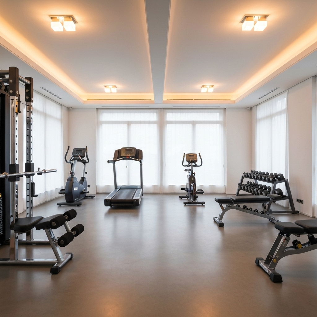 Real photo generated by AI showing the interior of a high-end, private micro-gym in Switzerland with modern equipment and warm lighting.
