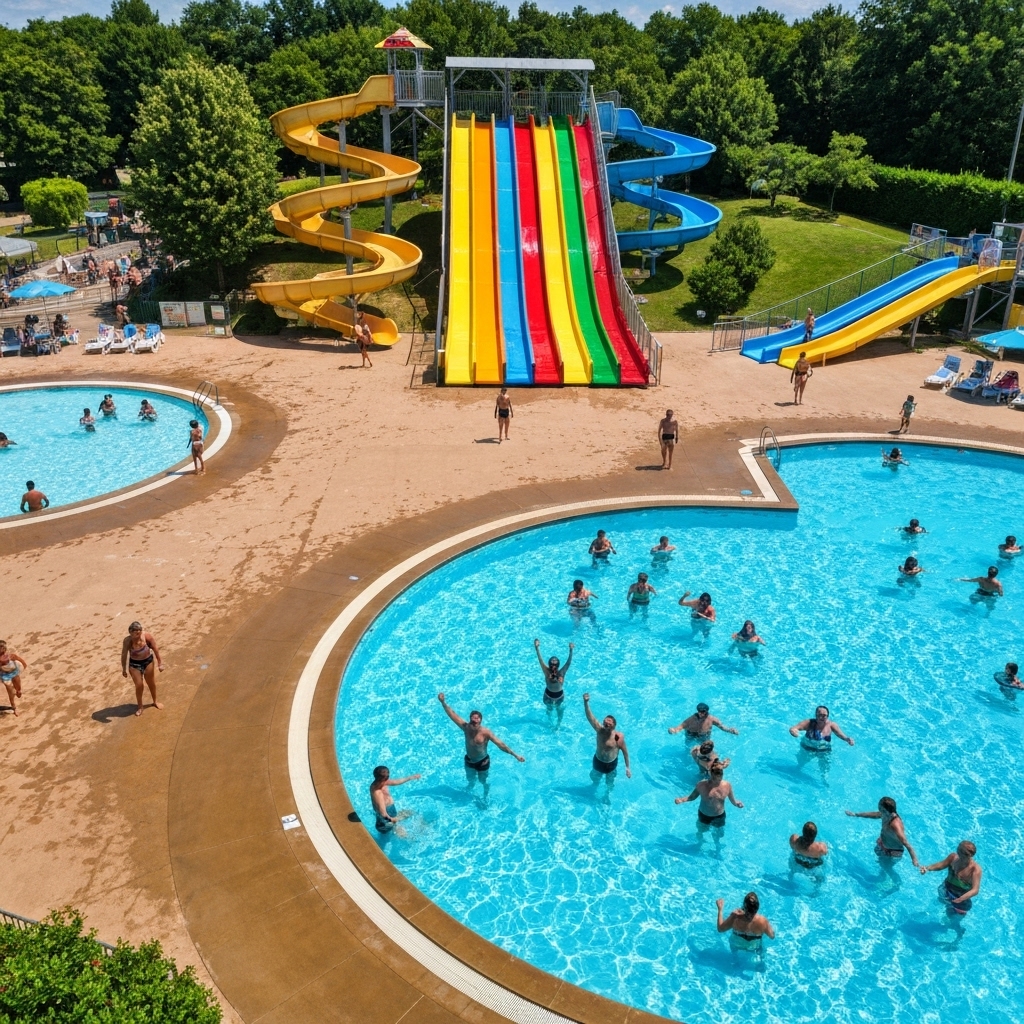 Vue d'ensemble dynamique des toboggans extérieurs et des piscines d'un parc aquatique en été avec des familles heureuses