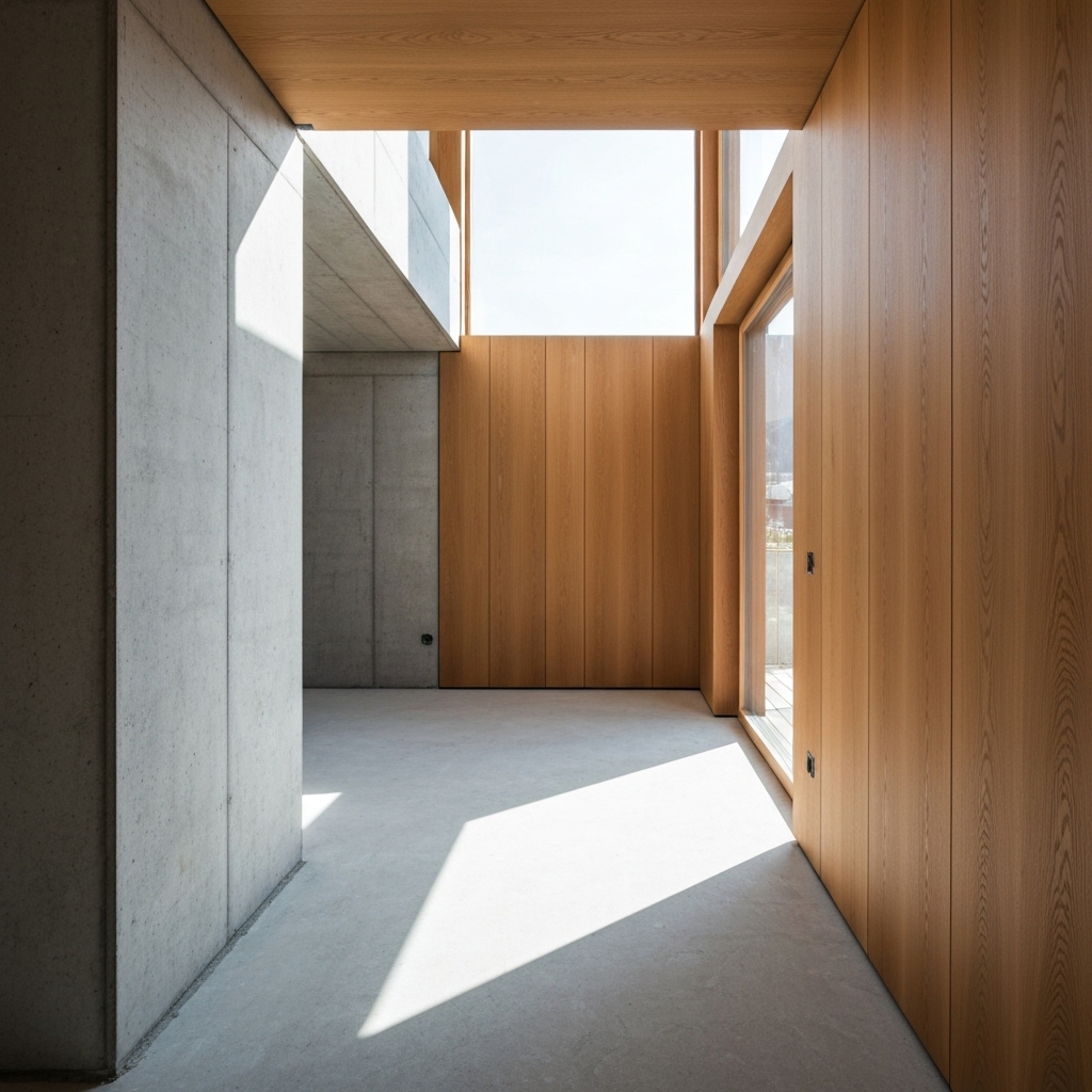 A photorealistic image of a modern Swiss chalet interior undergoing renovation, showing a mix of raw materials and finished high-end wood details, bright and airy atmosphere.