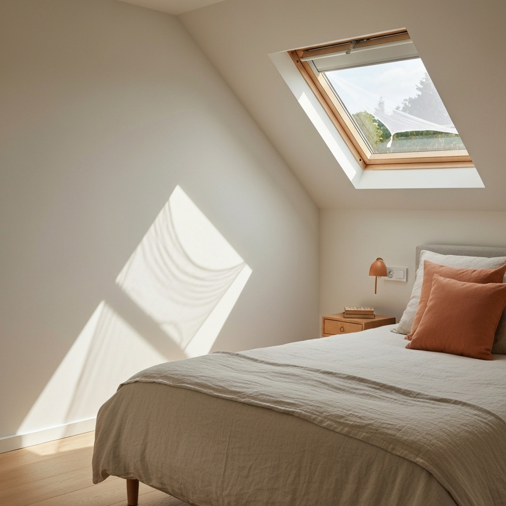 Modern bedroom with a velux window open and a mosquito net installed, soft sunlight coming through