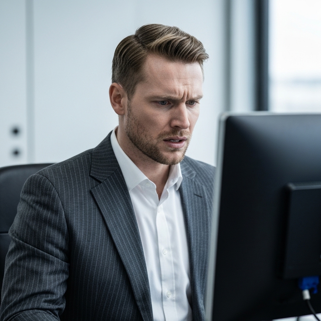 A frustrated business owner looking at a computer screen where an AI robot is building a messy structure