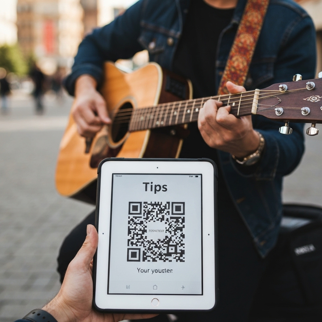 A street musician playing guitar with a digital tablet displaying a QR code for tips in the foreground