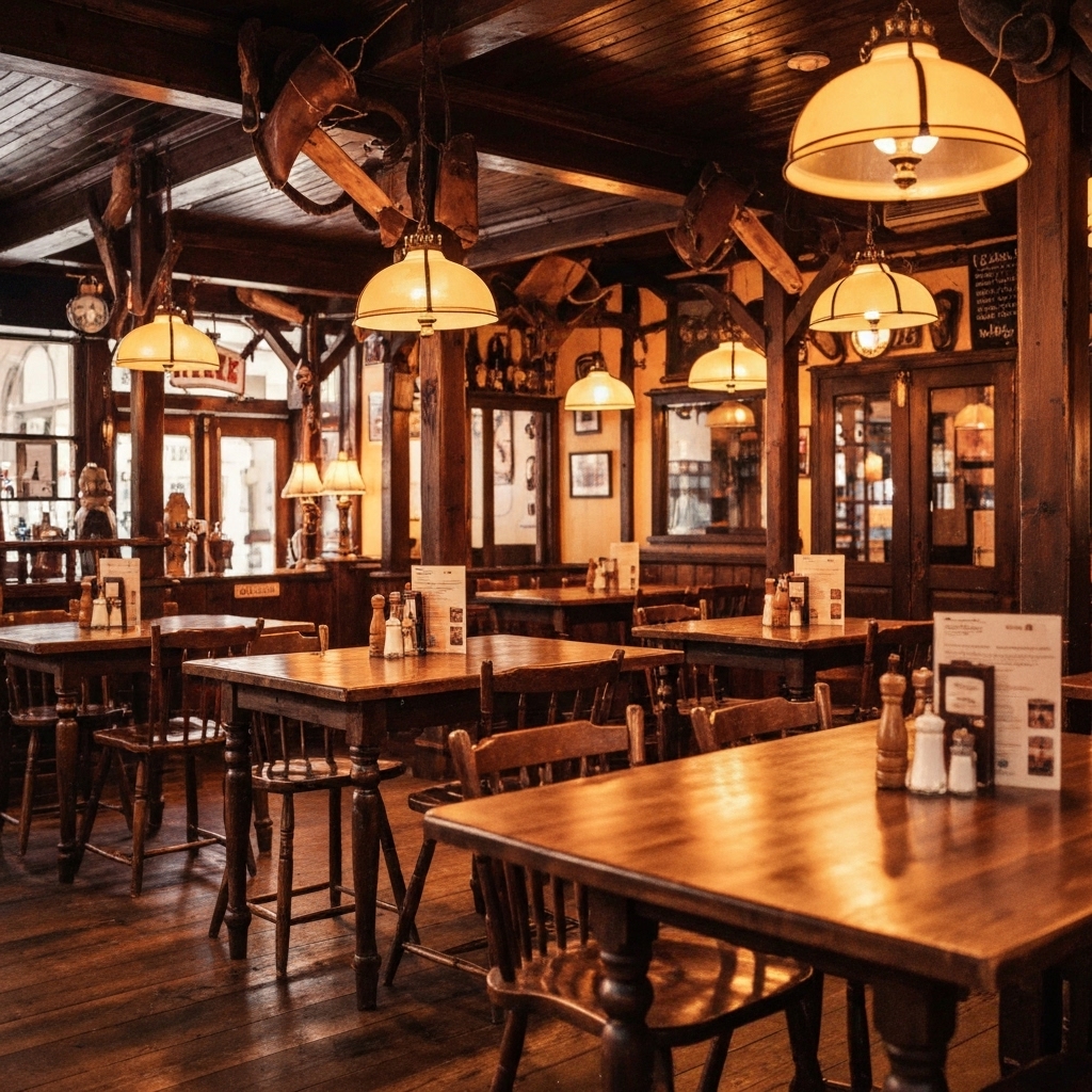Ambiance intérieure du pub avec un focus sur les meubles vintage et la décoration style cowboy, lumière tamisée.