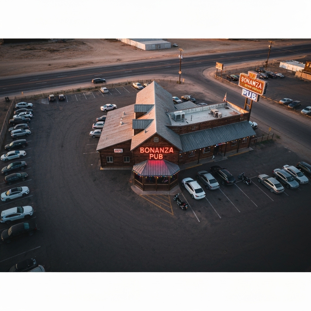 Photo réaliste et chaleureuse de l'entrée du Bonanza Pub à la tombée de la nuit avec des motos garées devant et une lumière accueillante.