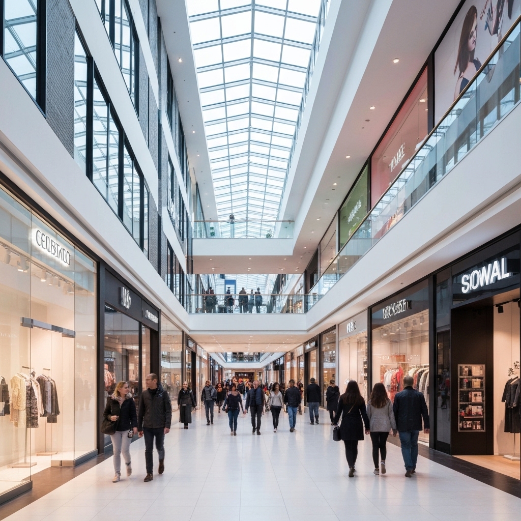 Modern shopping mall interior with bright digital signage and happy customers walking by