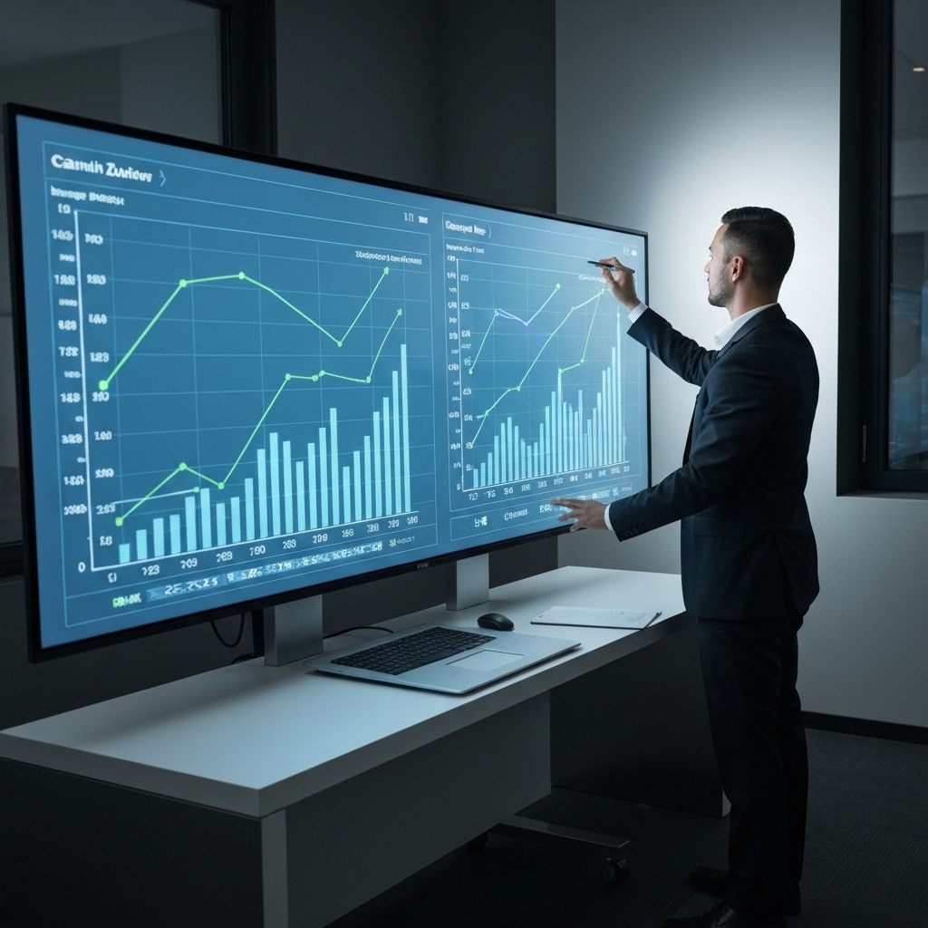 Entrepreneur suisse analysant des graphiques de croissance sur un écran holographique futuriste dans un bureau moderne à Zurich