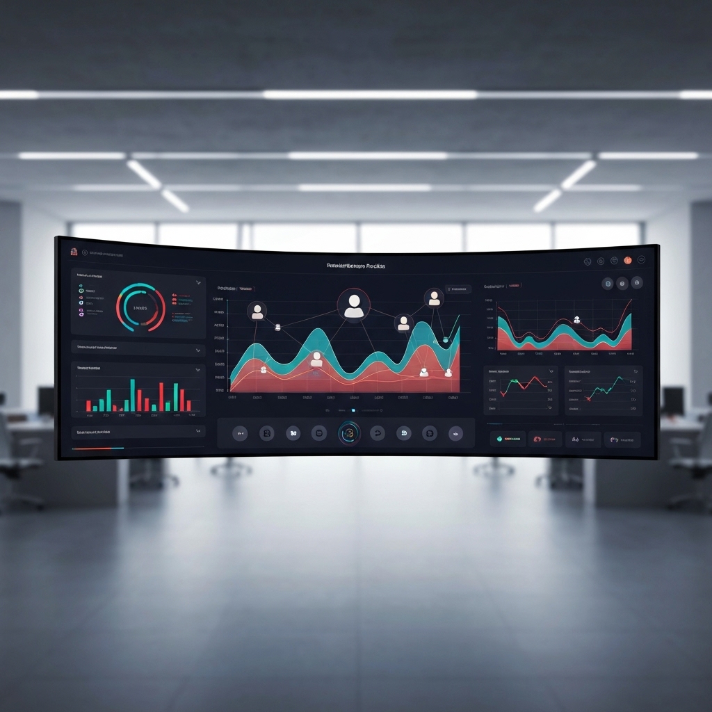 Futuristic digital marketing dashboard showing growth metrics and social connections
