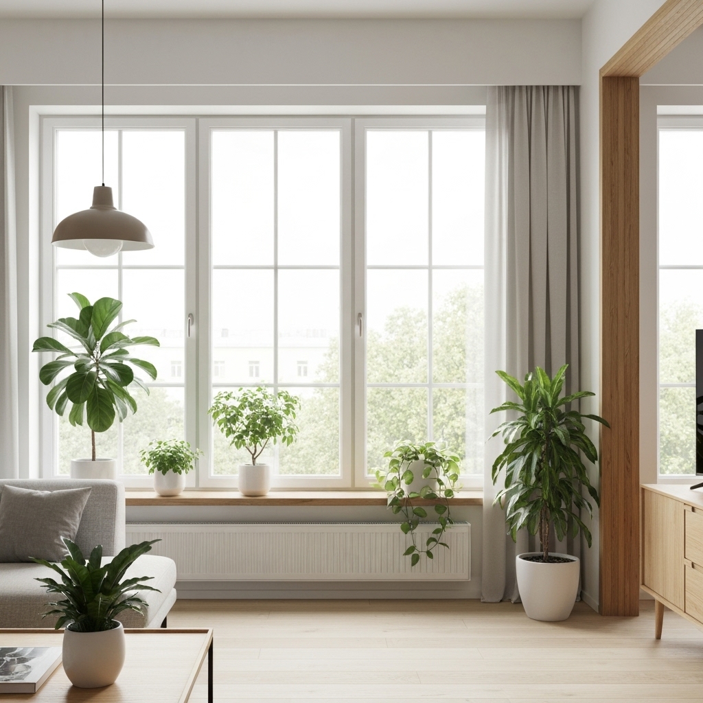 A bright, airy living room with a serene atmosphere, plants, and soft light, representing a clean energy space