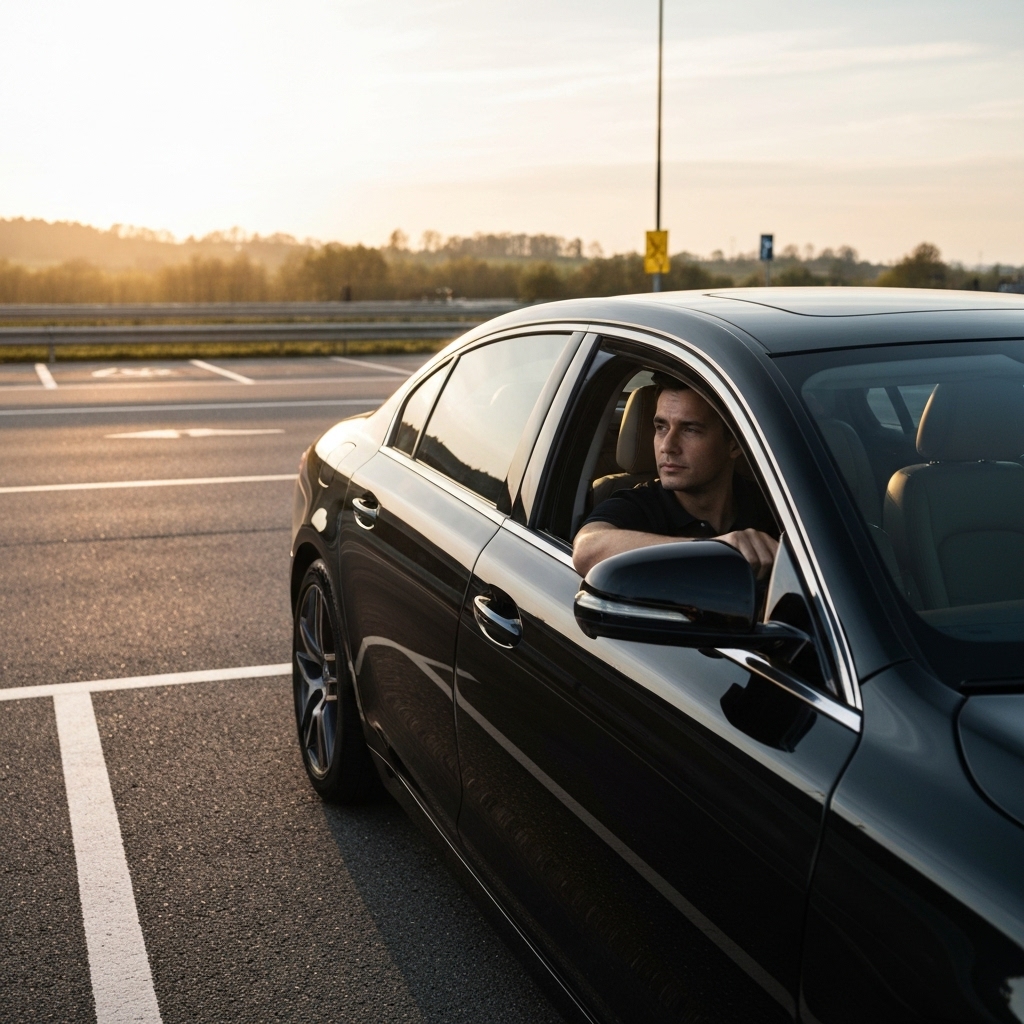 Professional driving a luxury car looking relax, entering a modern gym parking lot near a highway exit in Switzerland