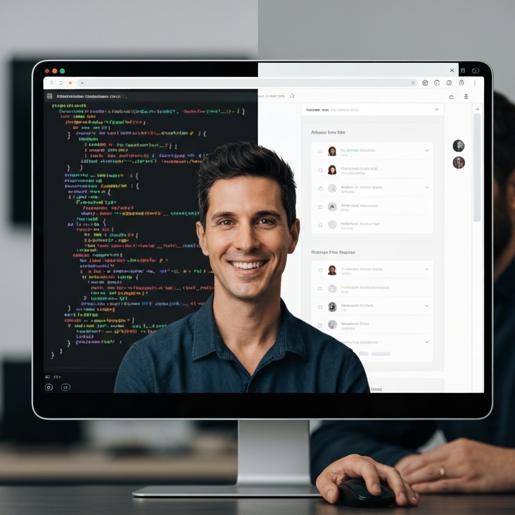 A split view showing a complex code editor on the left and a happy business owner using a simple visual AI builder on the right