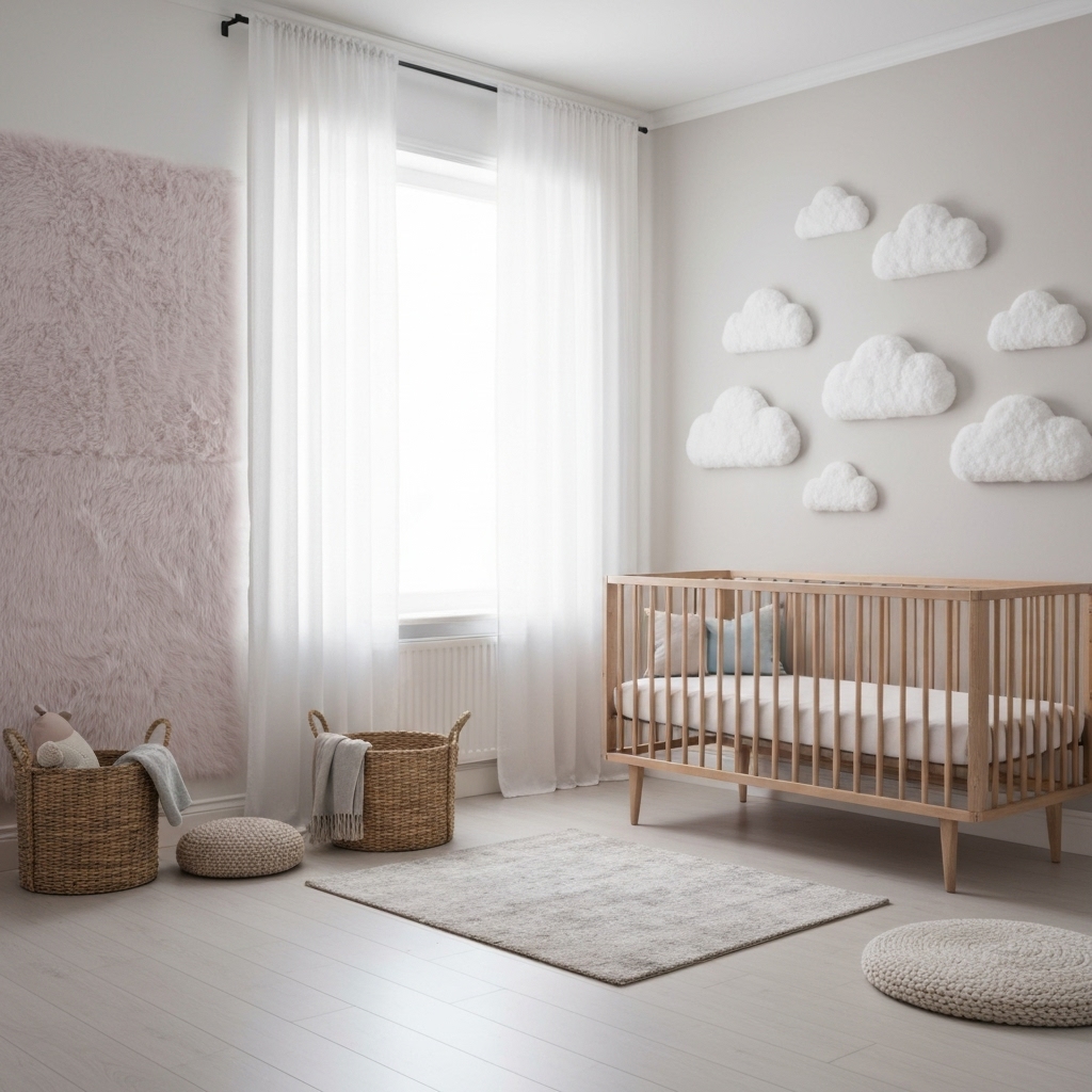 A peaceful, modern nursery room with high-quality blackout blinds installed, soft lighting, highly realistic style