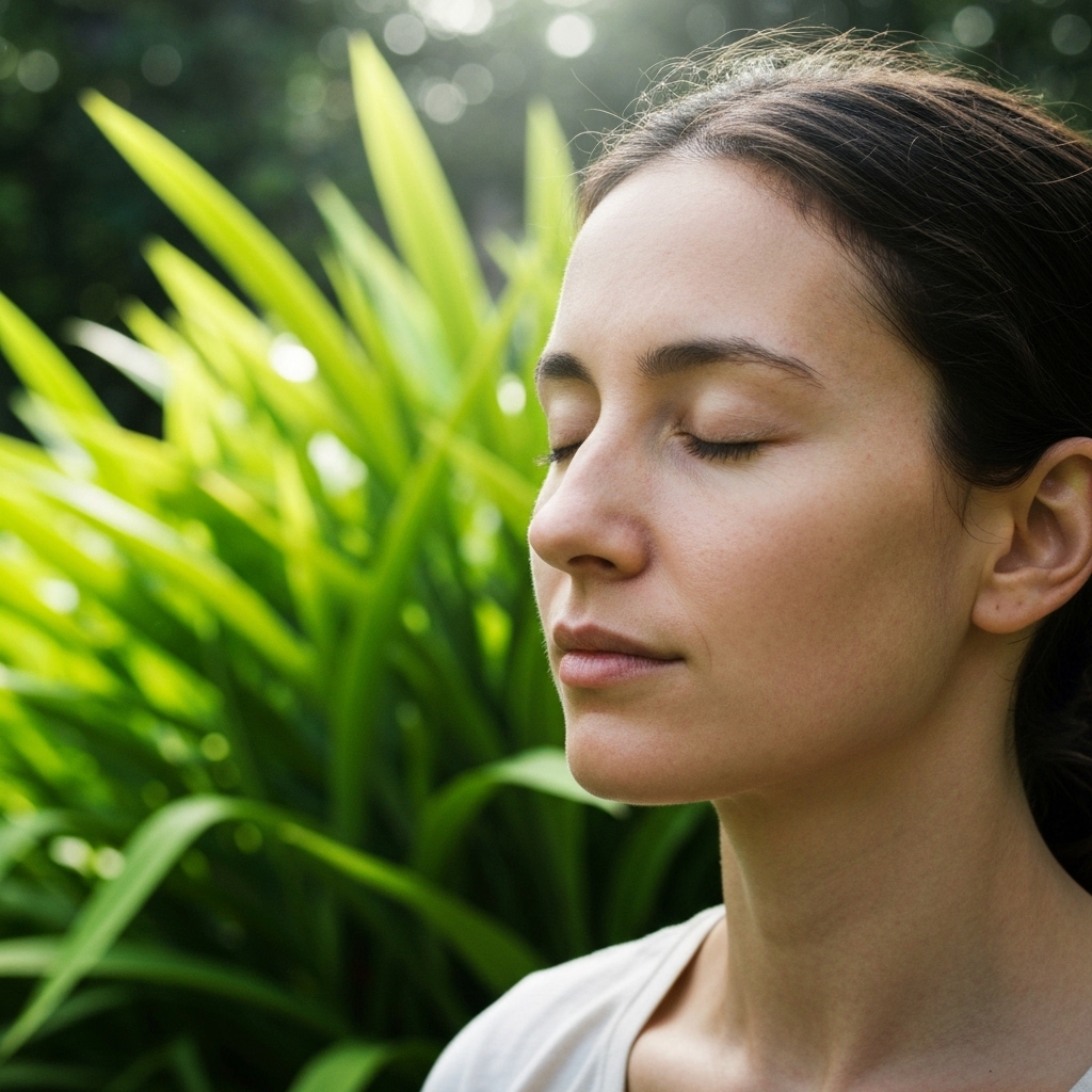 Close up of a calm person breathing deeply with nature background representing nervous system regulation