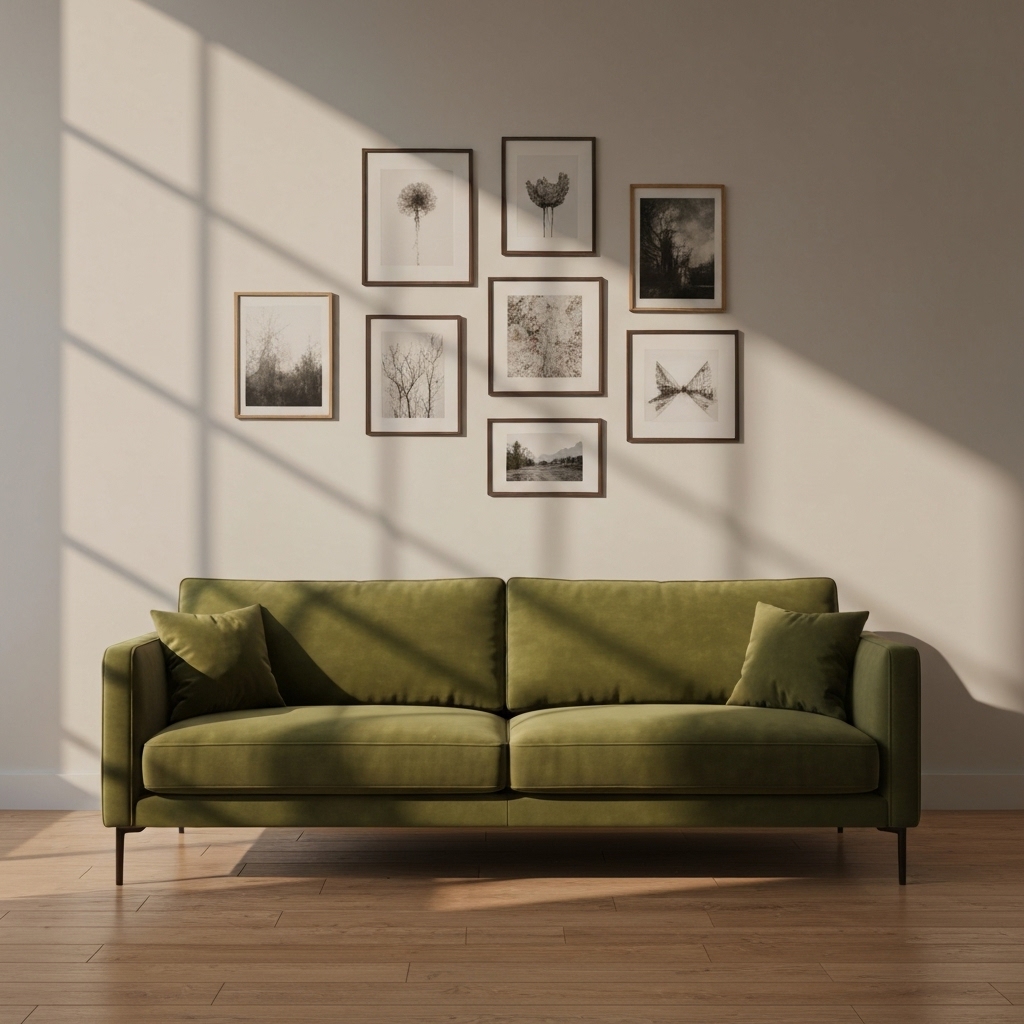Modern living room interior with olive green velvet sofa and gallery wall, sunlight streaming in, photorealistic style