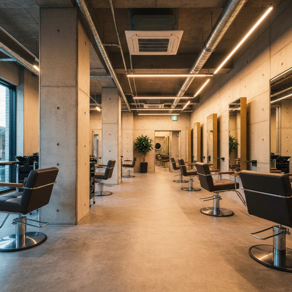 Contemporary hair salon interior mixing industrial elements with lots of green plants and warm lighting