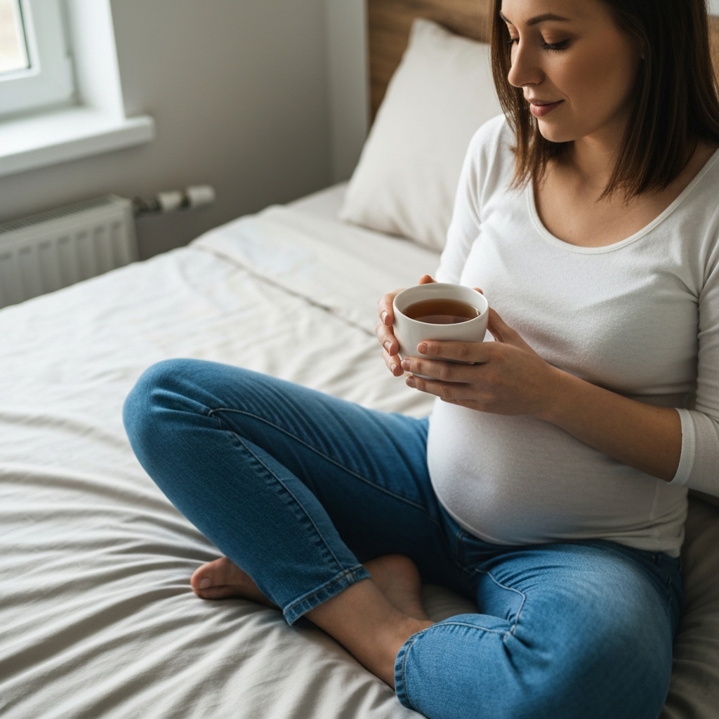 Pregnant woman sitting on a bed wearing casual jeans and a white top, holding a warm cup of tea