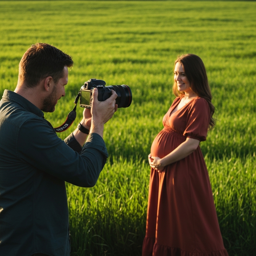 A professional photographer taking a picture of a pregnant smiling woman in a field wearing a terracotta flowing dress, golden hour lighting