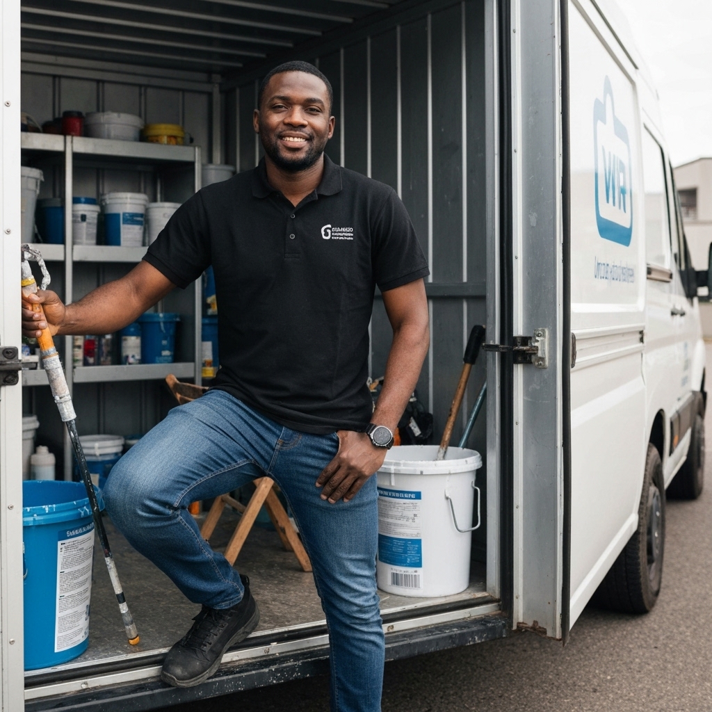 Professional painter standing next to a company van with painting equipment, looking confident