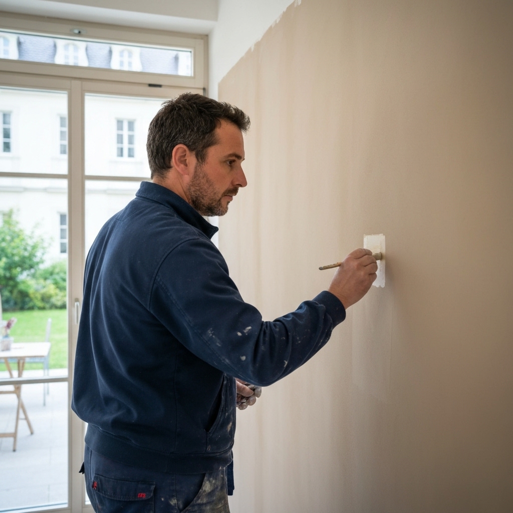 Un peintre professionnel en bâtiment appliquant une finition précise sur un mur intérieur à Genève, lumière saturelle, vêtements de travail propres