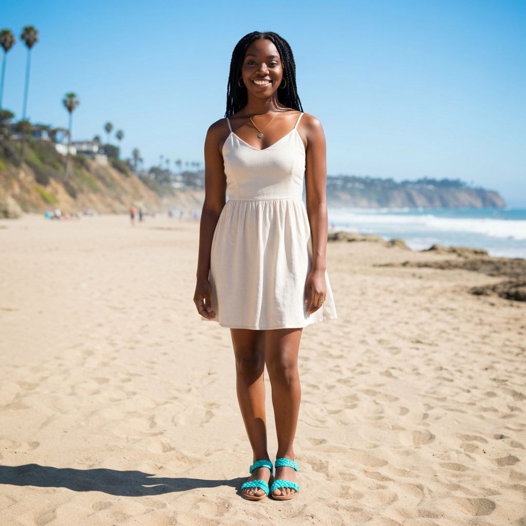 Woman wearing califronian style fashion clothes smiling at camera