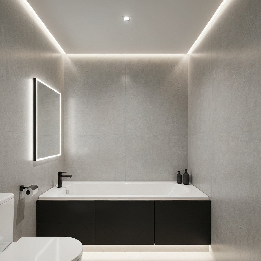 Modern bathroom renovation with smooth mineral concrete walls and elegant lighting
