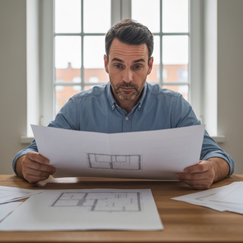 A stressed homeowner looking at unfinished bathroom renovation plans with confused expression