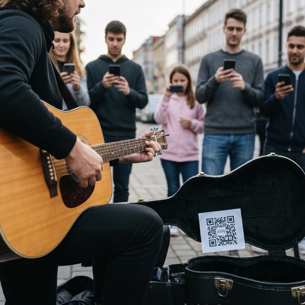 A street musician playing guitar with a visible QR code on their guitar case, spectators scanning it with smartphones