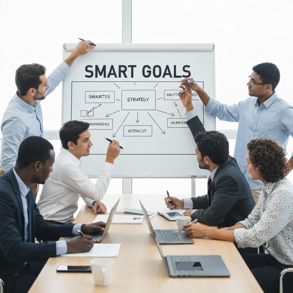 Team brainstorming session focused on SMART goals strategy with a whiteboard