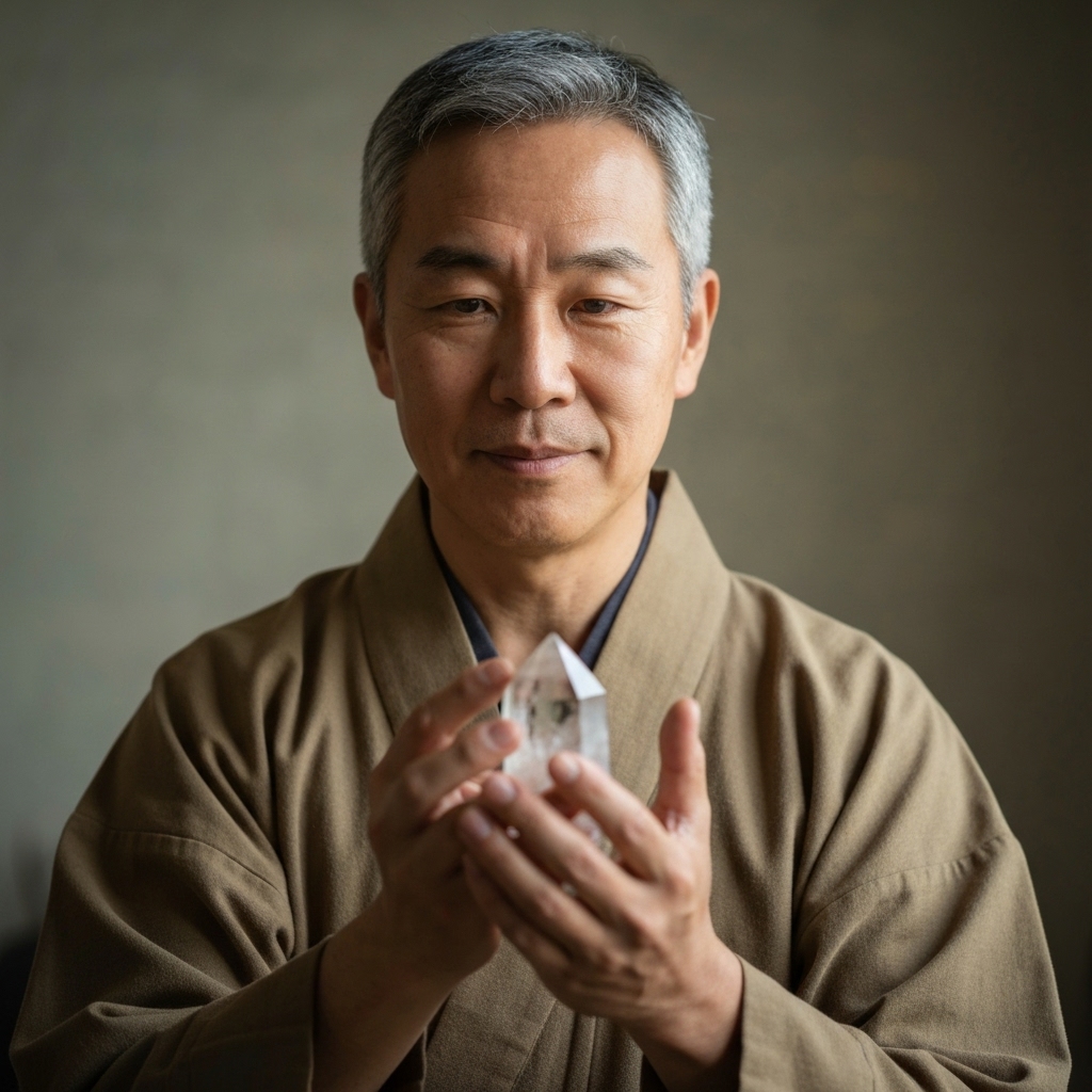 A professional and calming spiritual practitioner holding a phone, warm lighting, holistic atmosphere, representing trust and serenity in Ecublens context