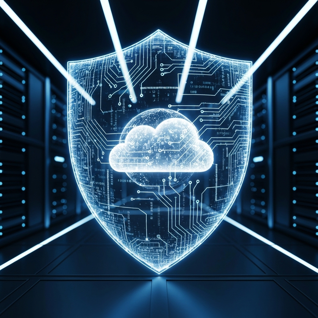 futuristic digital shield protecting cloud data representing cybersecurity as a marketing asset