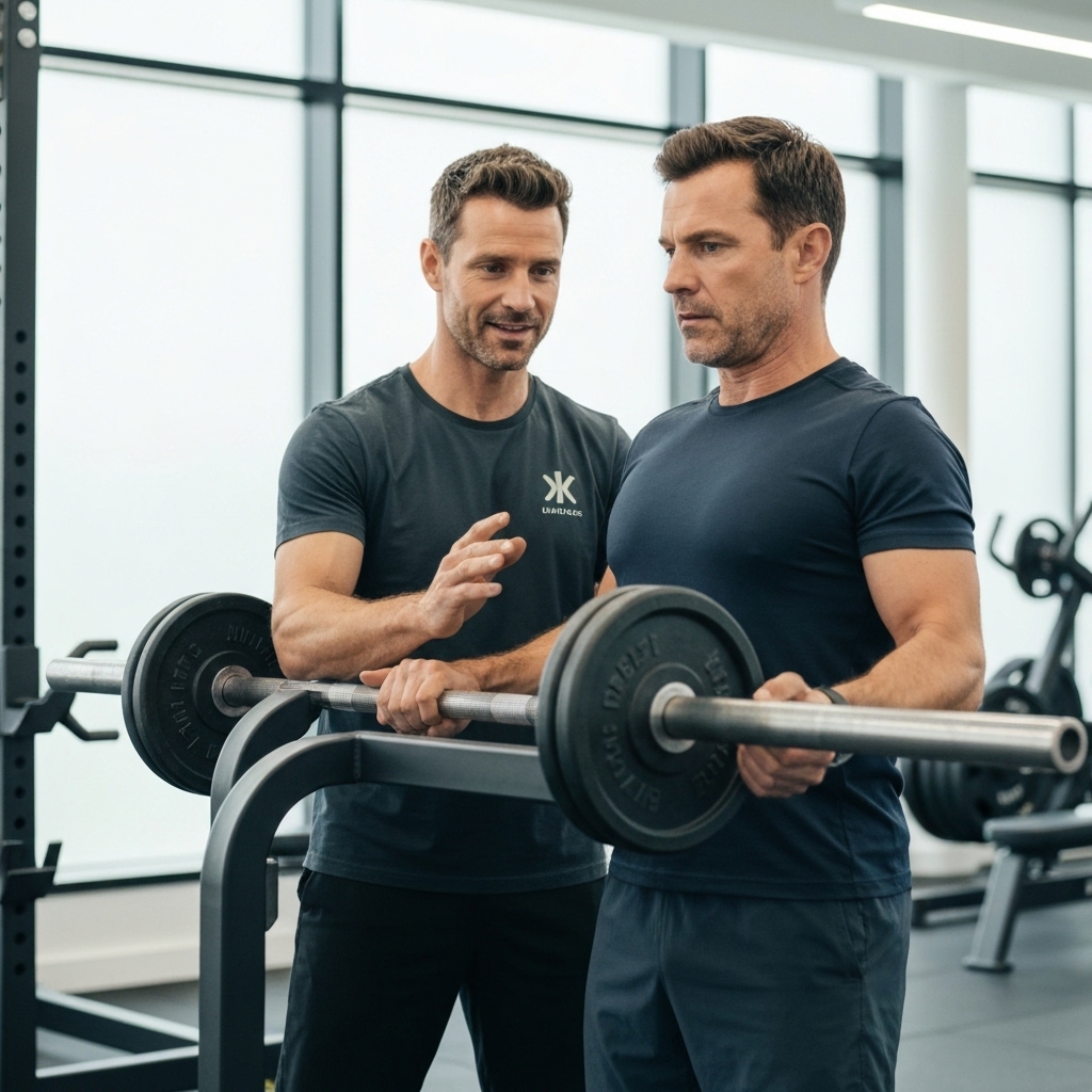 Professional fitness coach helping a businessman in a private gym setting looks at a tablet
