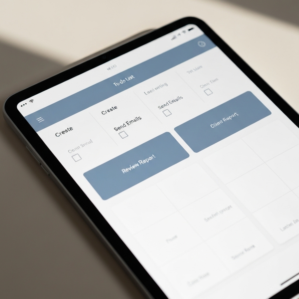 Close up of a checklist on a digital tablet showing items like Fact-Checking, Plagiarism Scan, and SEO Score strongly checked off